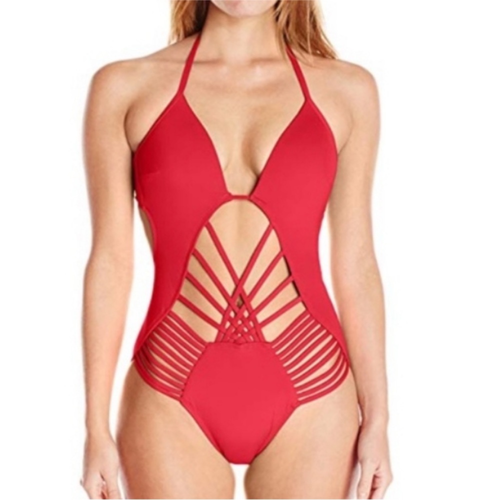 Keneth Cole Red Halter Strappy One-Piece Swimsuit